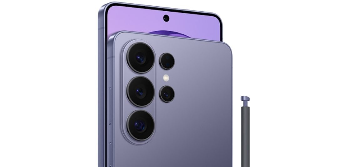 Purple smartphone with four large rear cameras and a stylus beside it, showcasing a high-end camera setup and accessories.