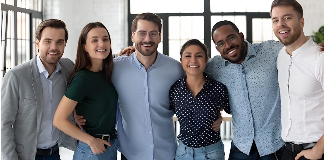 Six colleagues stand arm-in-arm in an office, smiling at the camera with large windows behind them.
