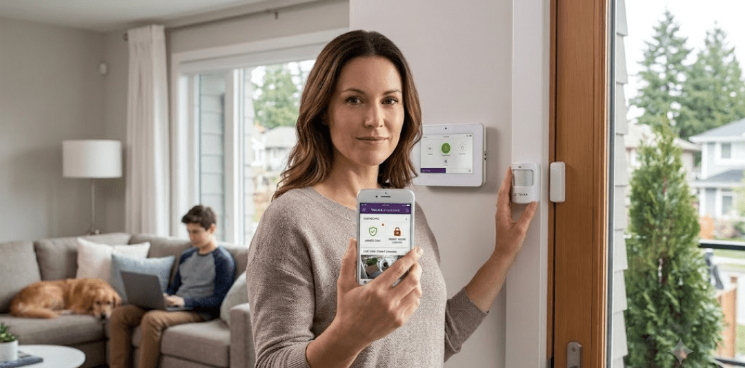 Woman near the doorway using a smartphone to control a home security system.