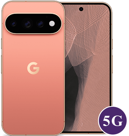 Rose-gold 5G smartphone with a wide black camera bar on the back and a Google 'G' logo.