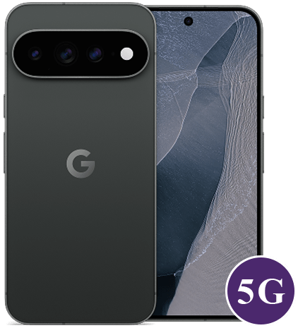 Google Pixel smartphone shown from back and front, 5G badge in corner, dark gray color and triple camera setup still visible