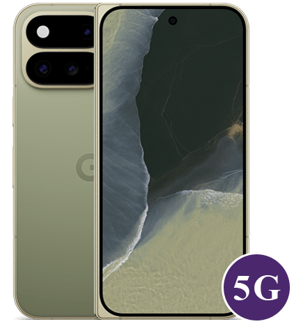 Gold smartphone shown from front and back with a prominent 5G badge, displaying a punch-hole front camera and a multi-lens rear camera module.