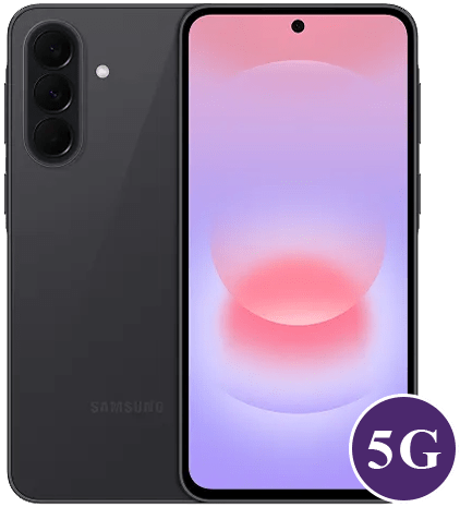 Samsung Galaxy smartphone shown from back and front, black graphite color, triple-camera setup, front display with centered punch-hole camera, 5G badge in corner