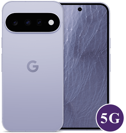 Lavender Google Pixel-style smartphone showing rear camera bar and a 5G badge on the corner. Front and back views visible, showcasing a full-screen display and curved edges.
